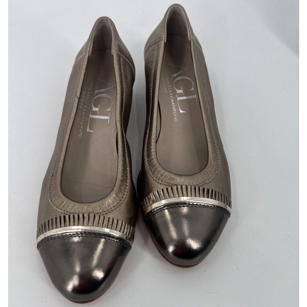 AGL Attilio Giusti Leombruni Metallic Leather Ruffle Cap Toe Kitten Heels Sz 6.5